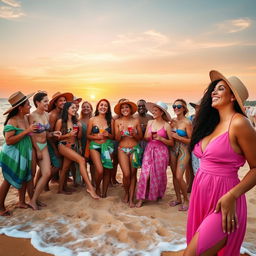 A lively gathering of diverse friends at a beach party, with a pink-dressed woman on the right smiling and engaging closely with her friends, showcasing camaraderie and joy