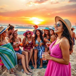 A lively gathering of diverse friends at a beach party, with a pink-dressed woman on the right smiling and engaging closely with her friends, showcasing camaraderie and joy