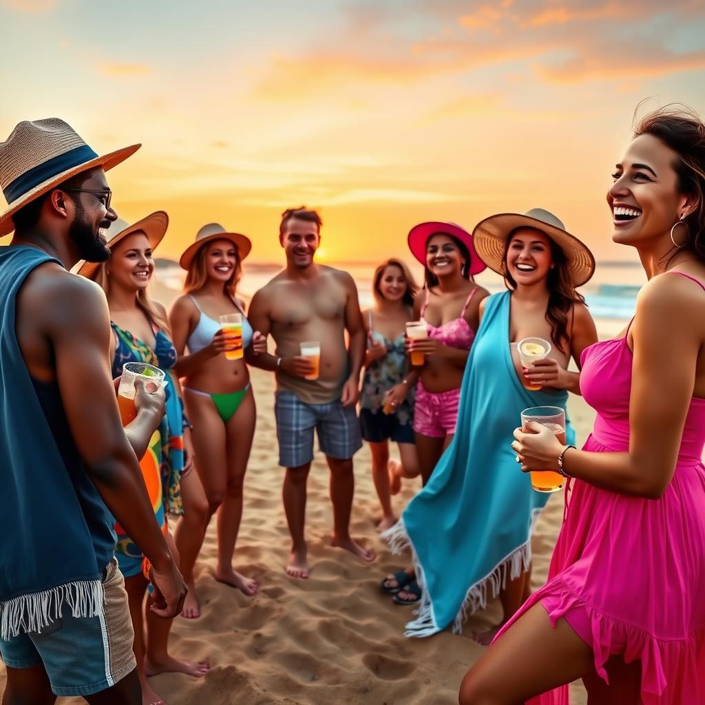 A lively gathering of diverse friends at a beach party, with a pink-dressed woman on the right smiling and engaging closely with her friends, showcasing camaraderie and joy