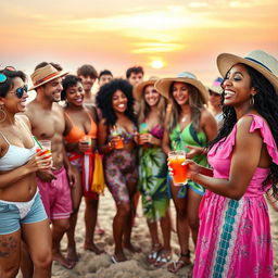 A lively gathering of diverse friends at a beach party, with a pink-dressed woman on the right smiling and engaging closely with her friends, showcasing camaraderie and joy