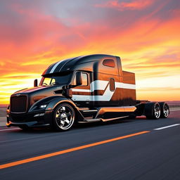 A custom cutting-edge semi-truck featuring Mustang-inspired rims and wheels, designed to highlight both power and style