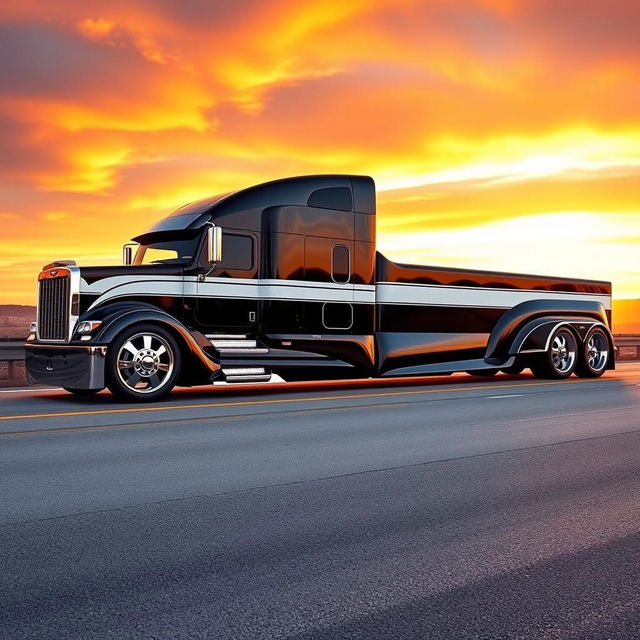 A custom cutting-edge semi-truck featuring Mustang-inspired rims and wheels, designed to highlight both power and style