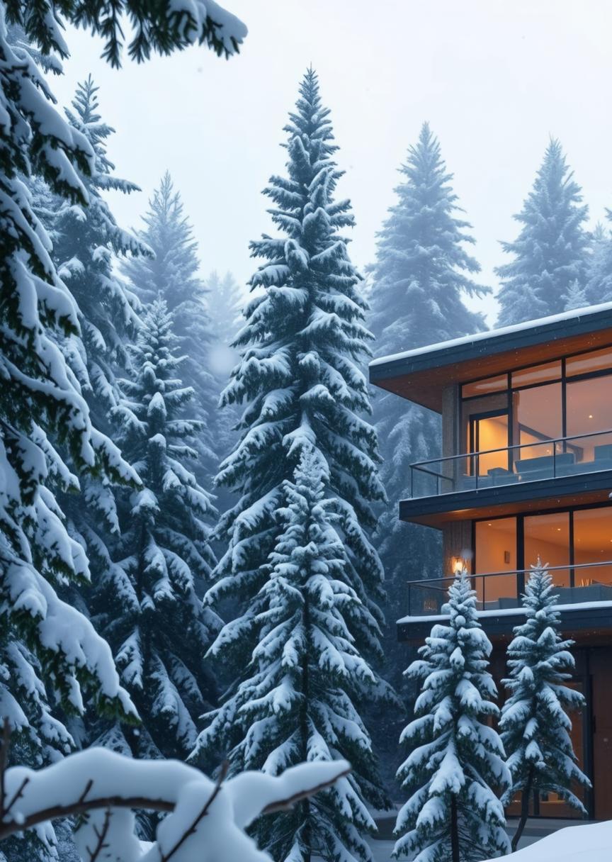 A modern penthouse nestled in a deep forest of snow-covered pine trees