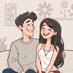 A cartoon of a happy couple sharing a joyful moment, sitting closely together