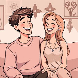A cartoon of a happy couple sharing a joyful moment, sitting closely together