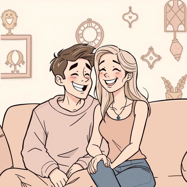 A cartoon of a happy couple sharing a joyful moment, sitting closely together