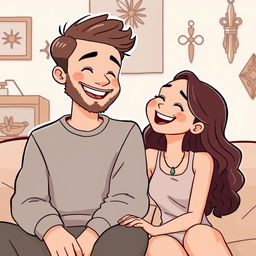 A cartoon of a happy couple sharing a joyful moment, sitting closely together
