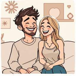 A cartoon of a happy couple sharing a joyful moment, sitting closely together