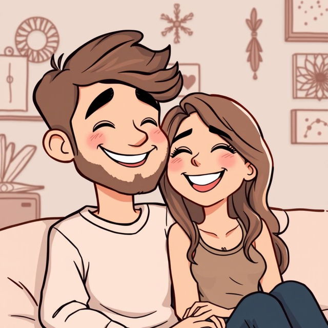 A cartoon of a happy couple sharing a joyful moment, sitting closely together