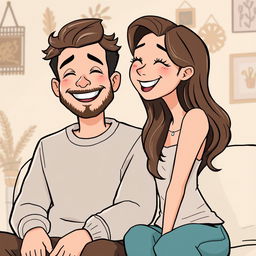 A cartoon of a happy couple sharing a joyful moment, sitting closely together