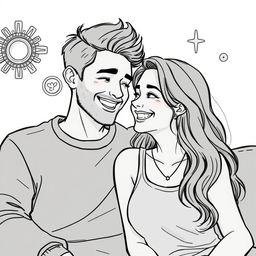 A picture of a happy couple sharing a joyful moment, sitting closely together