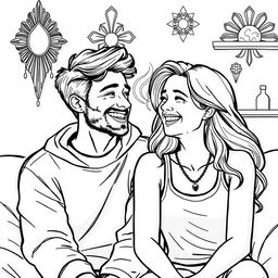 A picture of a happy couple sharing a joyful moment, sitting closely together