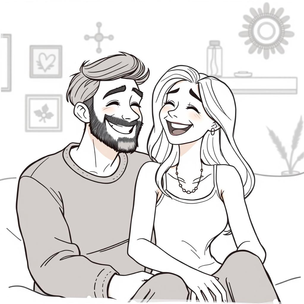 A Pixar-style drawing of a happy couple sharing a joyful moment, sitting closely together