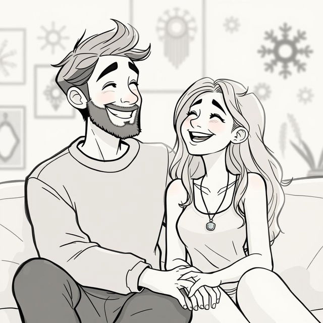 A Pixar-style drawing of a happy couple sharing a joyful moment, sitting closely together