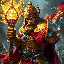 An extraordinary depiction of a golden-armored wizard from the Warhammer universe, showcasing him in a dramatic spell-casting pose
