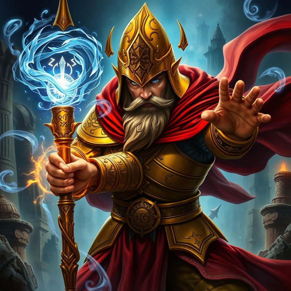 An extraordinary depiction of a golden-armored wizard from the Warhammer universe, showcasing him in a dramatic spell-casting pose