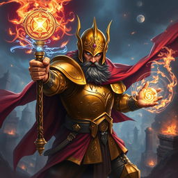 An extraordinary depiction of a golden-armored wizard from the Warhammer universe, showcasing him in a dramatic spell-casting pose