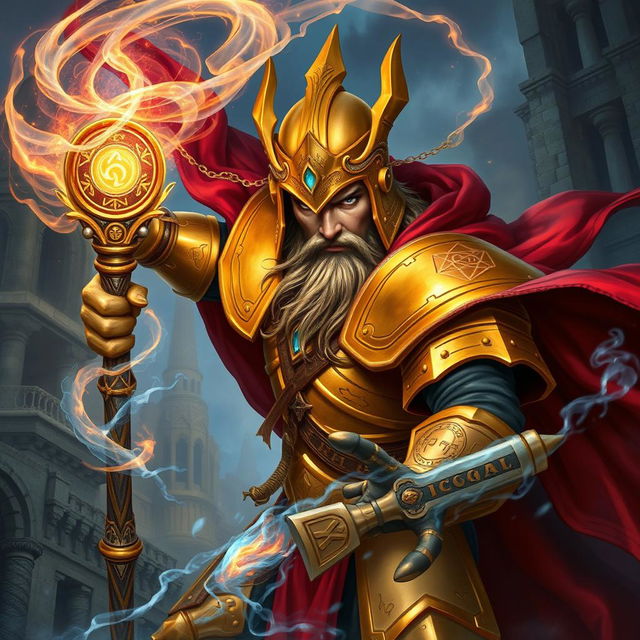 An extraordinary depiction of a golden-armored wizard from the Warhammer universe, showcasing him in a dramatic spell-casting pose