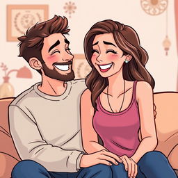 A Pixar-style drawing with bright colors of a happy couple sharing a joyful moment, sitting closely together