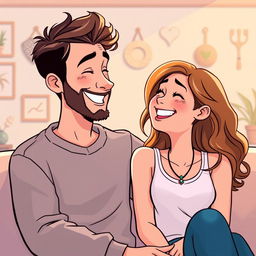 A Pixar-style drawing with bright colors of a happy couple sharing a joyful moment, sitting closely together