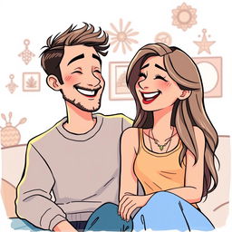 A Pixar-style drawing with bright colors of a happy couple sharing a joyful moment, sitting closely together