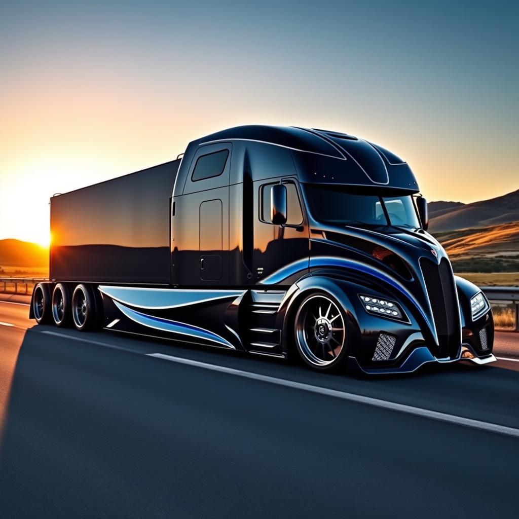 A stunning custom-designed semi-truck featuring unique Koenigsegg rims and cutting-edge wheels