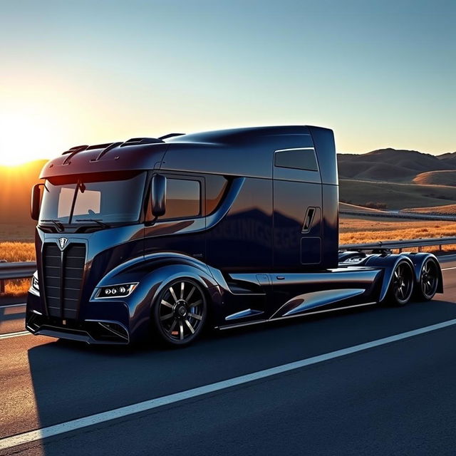 A stunning custom-designed semi-truck featuring unique Koenigsegg rims and cutting-edge wheels