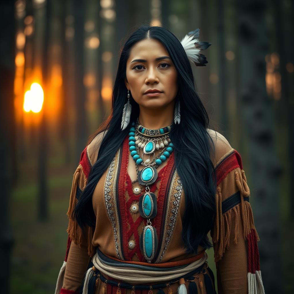 A powerful and serene Native American woman standing proudly in a forest, adorned in traditional clothing with intricate beadwork and feather accessories