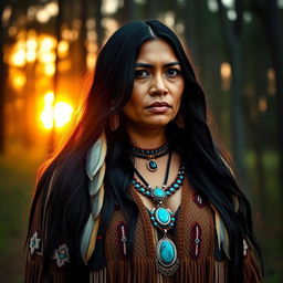 A powerful and serene Native American woman standing proudly in a forest, adorned in traditional clothing with intricate beadwork and feather accessories