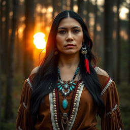 A powerful and serene Native American woman standing proudly in a forest, adorned in traditional clothing with intricate beadwork and feather accessories