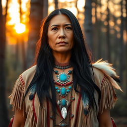 A powerful and serene Native American woman standing proudly in a forest, adorned in traditional clothing with intricate beadwork and feather accessories