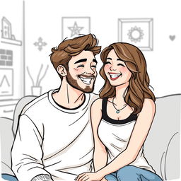 A drawing of a happy couple sharing a joyful moment, sitting closely together