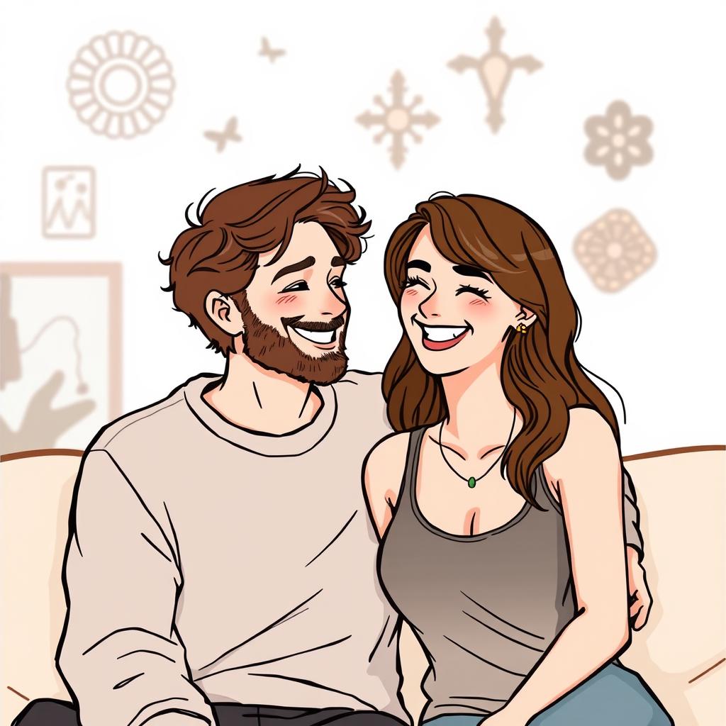 A drawing of a happy couple sharing a joyful moment, sitting closely together