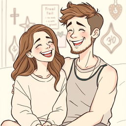 A drawing of a happy couple sharing a joyful moment, sitting closely together