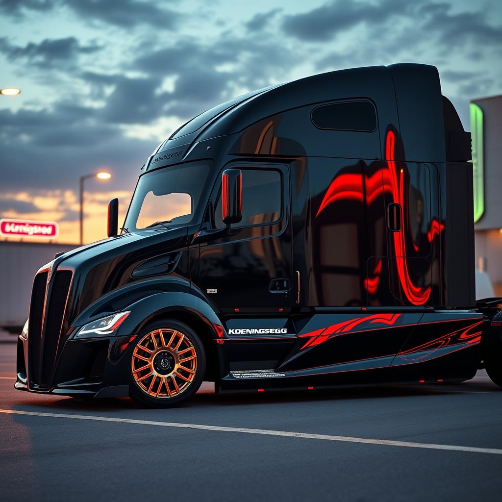 A dynamic and visually striking semi-truck featuring custom Koenigsegg rims and cutting-edge wheel designs