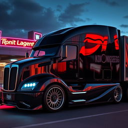 A dynamic and visually striking semi-truck featuring custom Koenigsegg rims and cutting-edge wheel designs