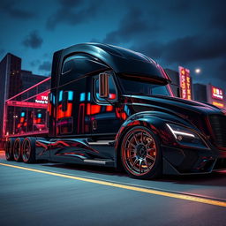 A dynamic and visually striking semi-truck featuring custom Koenigsegg rims and cutting-edge wheel designs