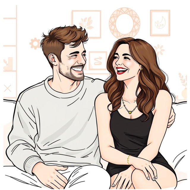 A drawing of a happy couple sharing a joyful moment, sitting closely together