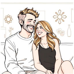 A drawing of a happy couple sharing a joyful moment, sitting closely together