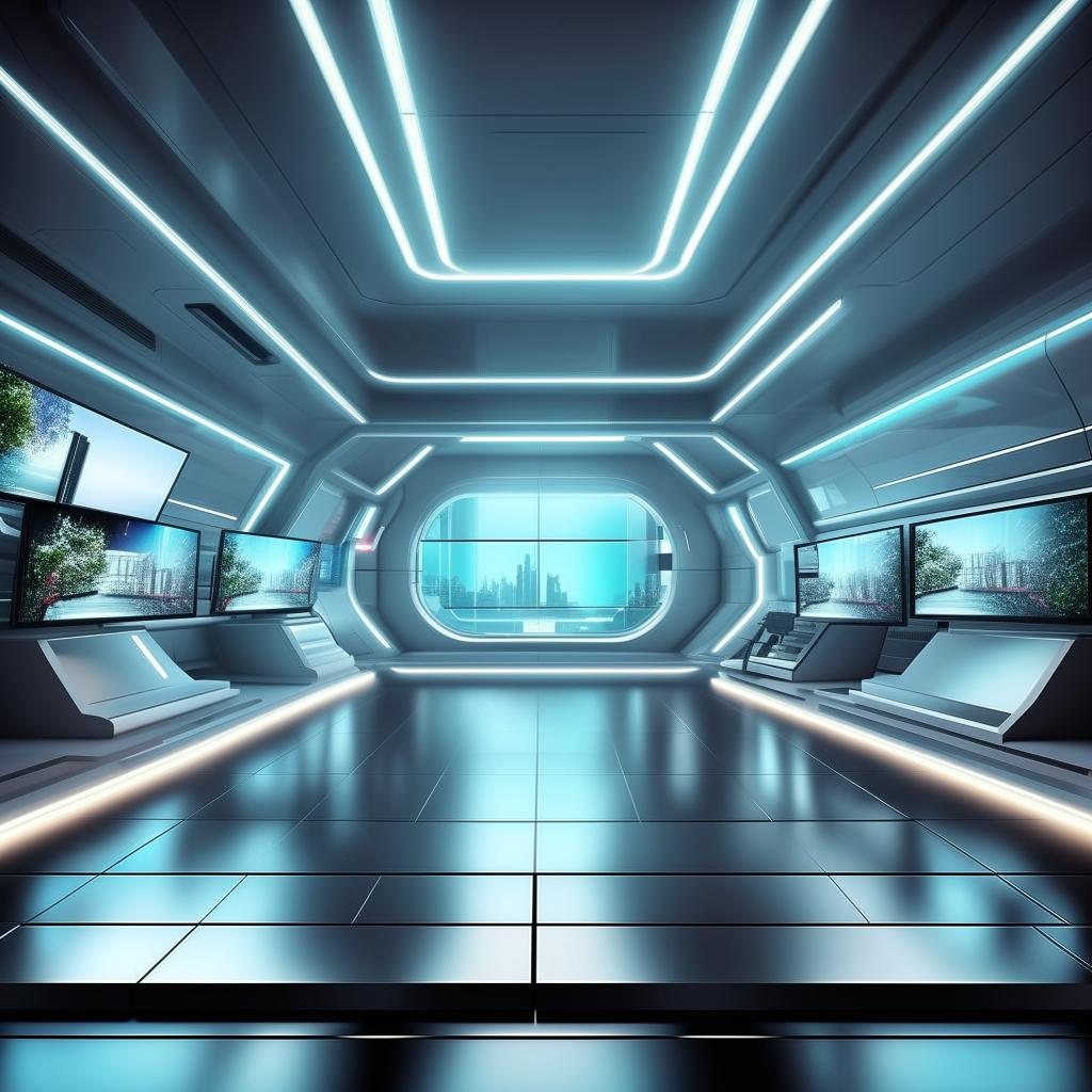 A rectangular background for a futuristic TV anchor's studio, incorporating design inspirations from the architectural elements in the provided link.