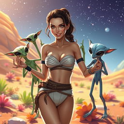 A female character resembling Rey from Star Wars wearing a stylish strapless bikini