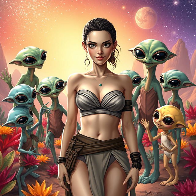 A female character resembling Rey from Star Wars wearing a stylish strapless bikini