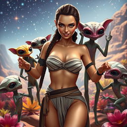 A female character resembling Rey from Star Wars wearing a stylish strapless bikini