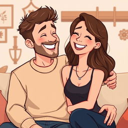 A cartoon illustration of a happy couple sharing a joyful moment, sitting closely together