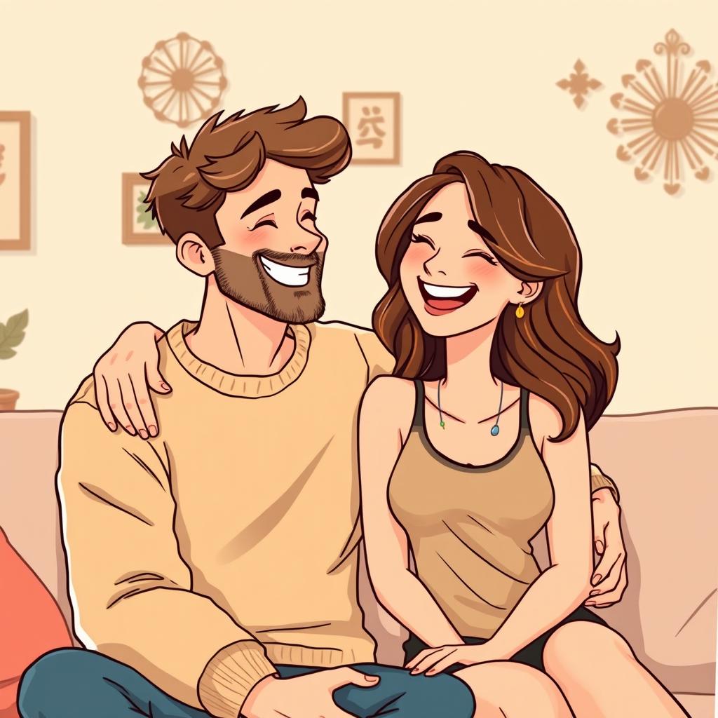 A cartoon illustration of a happy couple sharing a joyful moment, sitting closely together