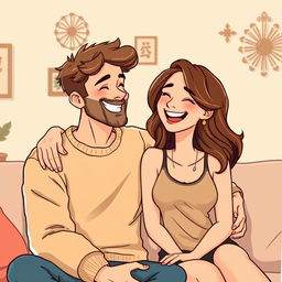 A cartoon illustration of a happy couple sharing a joyful moment, sitting closely together