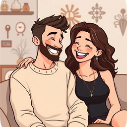 A cartoon illustration of a happy couple sharing a joyful moment, sitting closely together