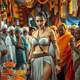 A female character resembling Rey from Star Wars, wearing a stylish strapless bikini