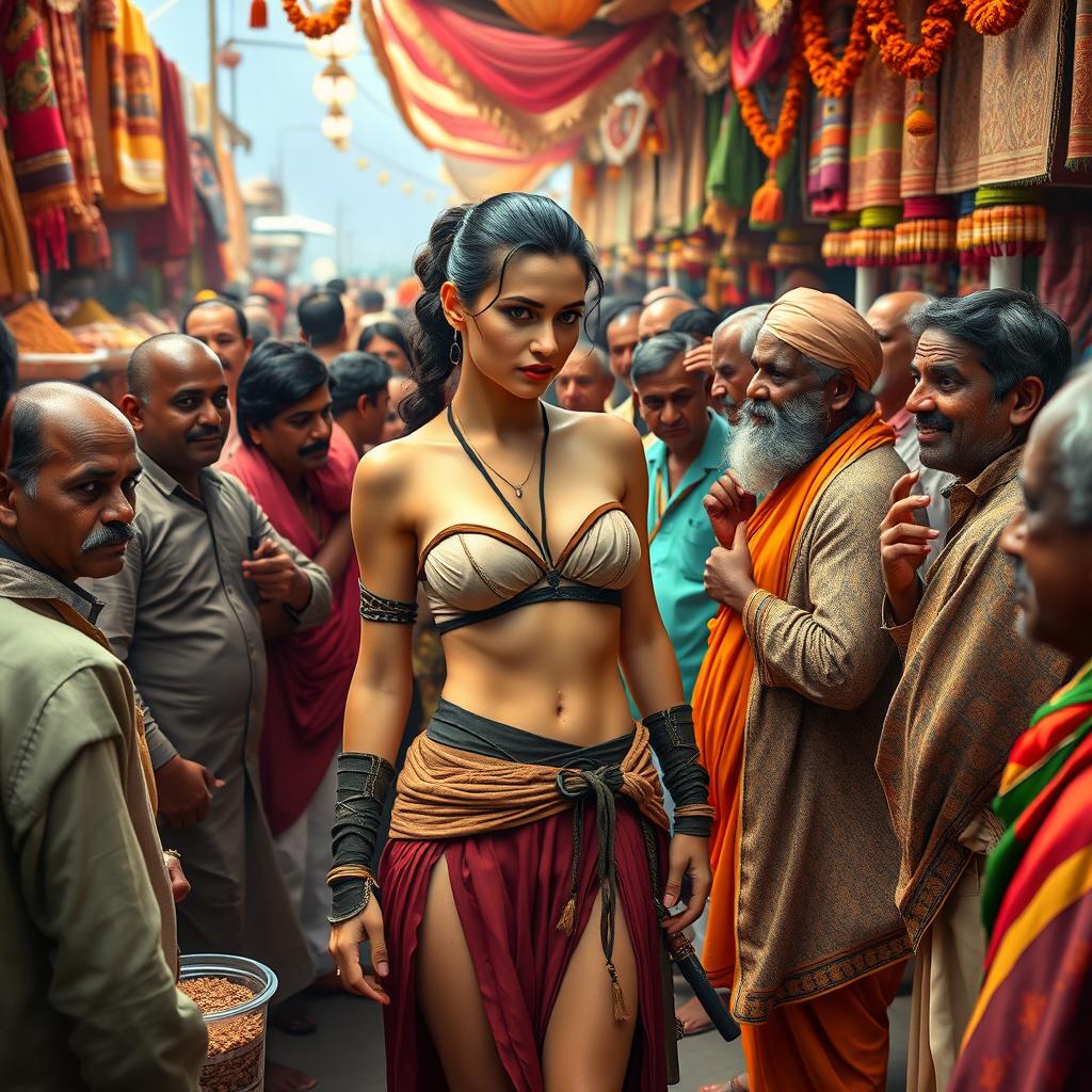 A female character resembling Rey from Star Wars, wearing a stylish strapless bikini