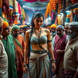 A female character resembling Rey from Star Wars, wearing a stylish strapless bikini